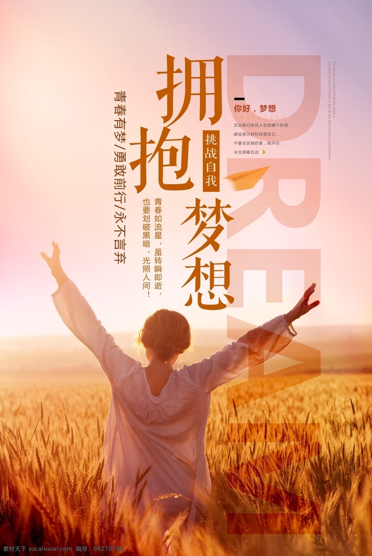 拥抱梦想海报 梦想 麦田 挑战自我 纸飞机 展开双臂