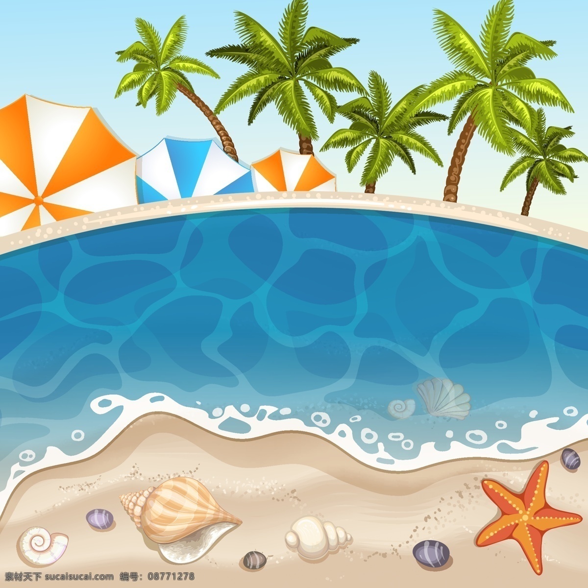 夏日海滩 矢量图 彩色 青色 天蓝色