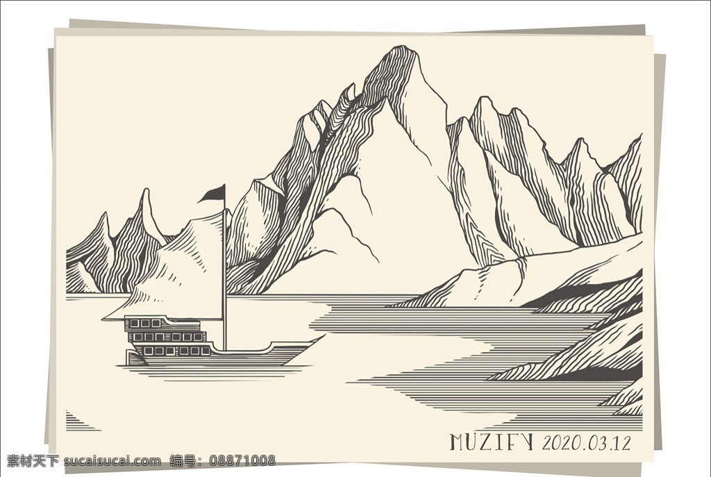 山川线条图 山川 湖泊 船 线条图 手绘稿 素描画 自然景观 自然风光