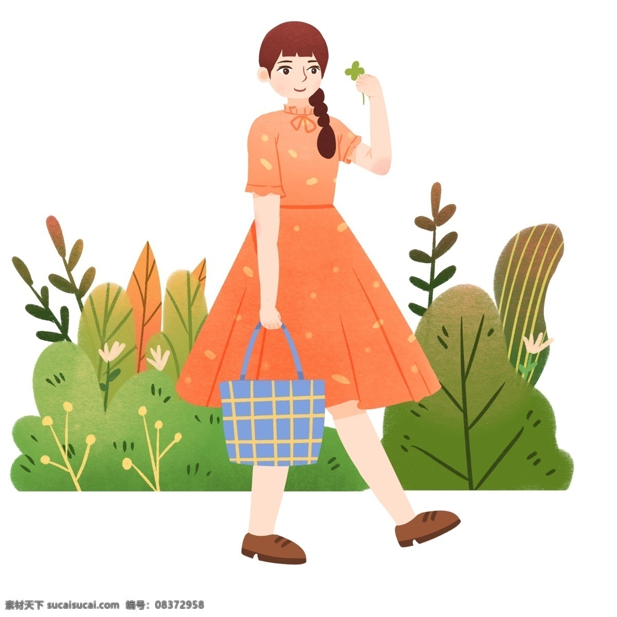 踏青 开心 小女孩 春游踏青插画 开心的小女孩 绿色的叶子 蓝色的包包 卡通人物 踏青的小女孩