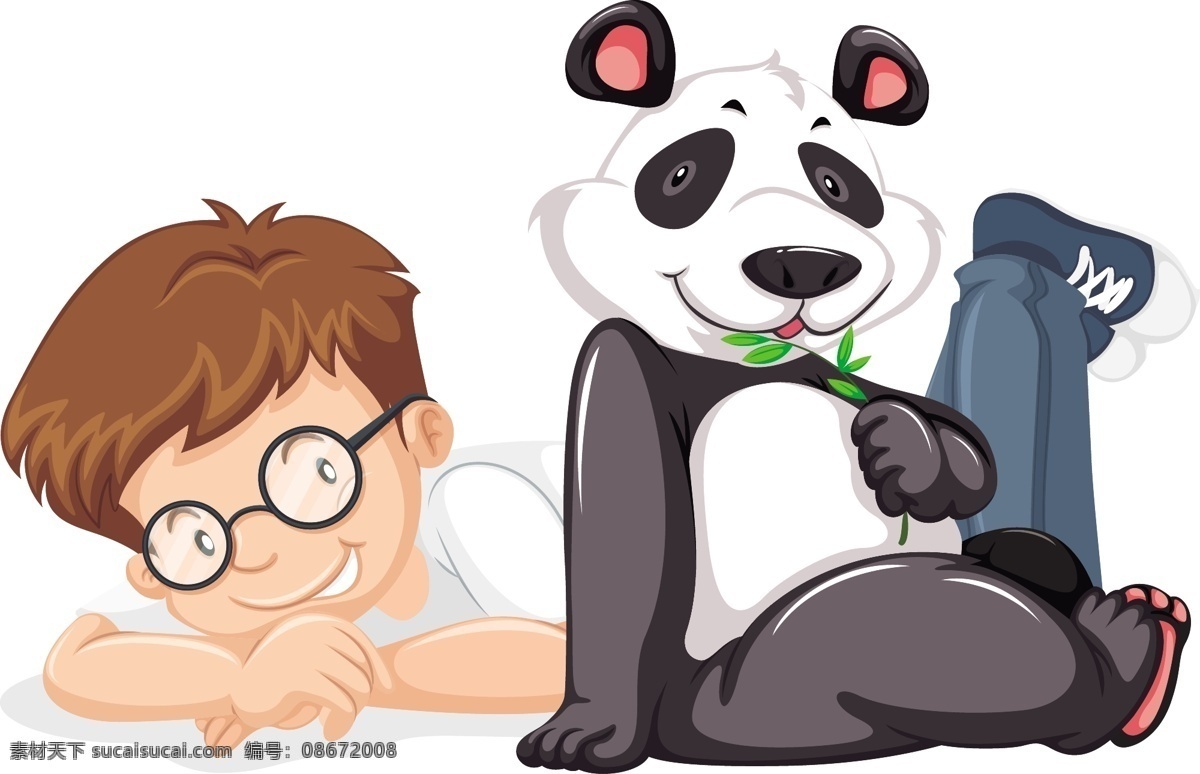 人物 卡通 矢量 源文件 动物 爬 眼镜 熊猫 吃 竹子 食物 开心 矢量卡通 动漫动画 动漫人物