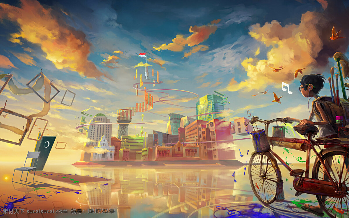 cg梦想世界 插画 梦想世界 男孩 自行车 天空 城堡 动漫动画