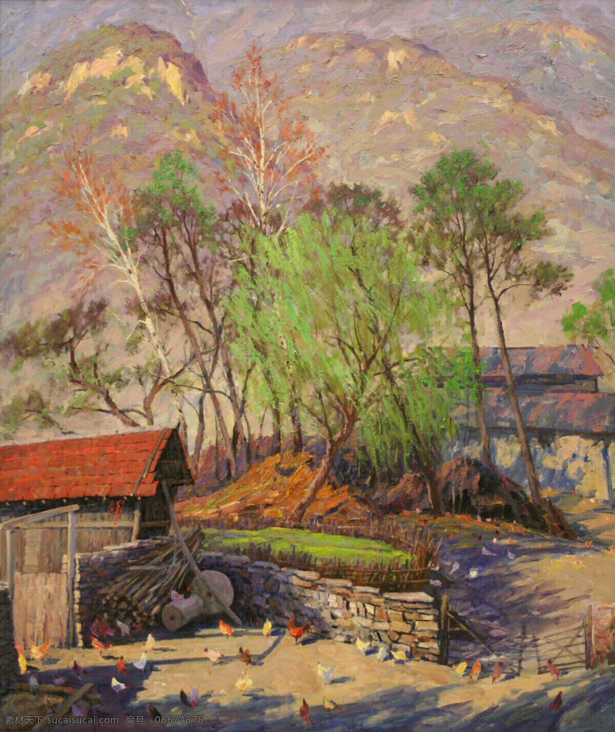 房屋 风景 绘画书法 家禽 美术 山村 山岭 农家 设计素材 模板下载 山村农家 油画 民房 树木 油画艺术 油画作品51 文化艺术
