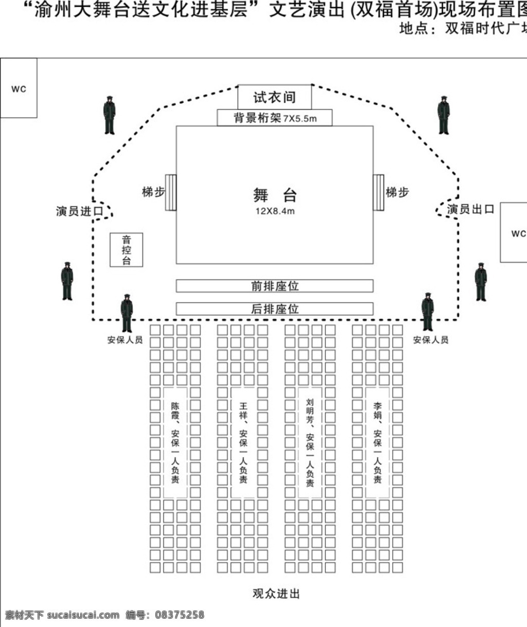 舞台设计 舞台摆放 舞台形状 保安 桌椅 板凳 环境设计 效果图