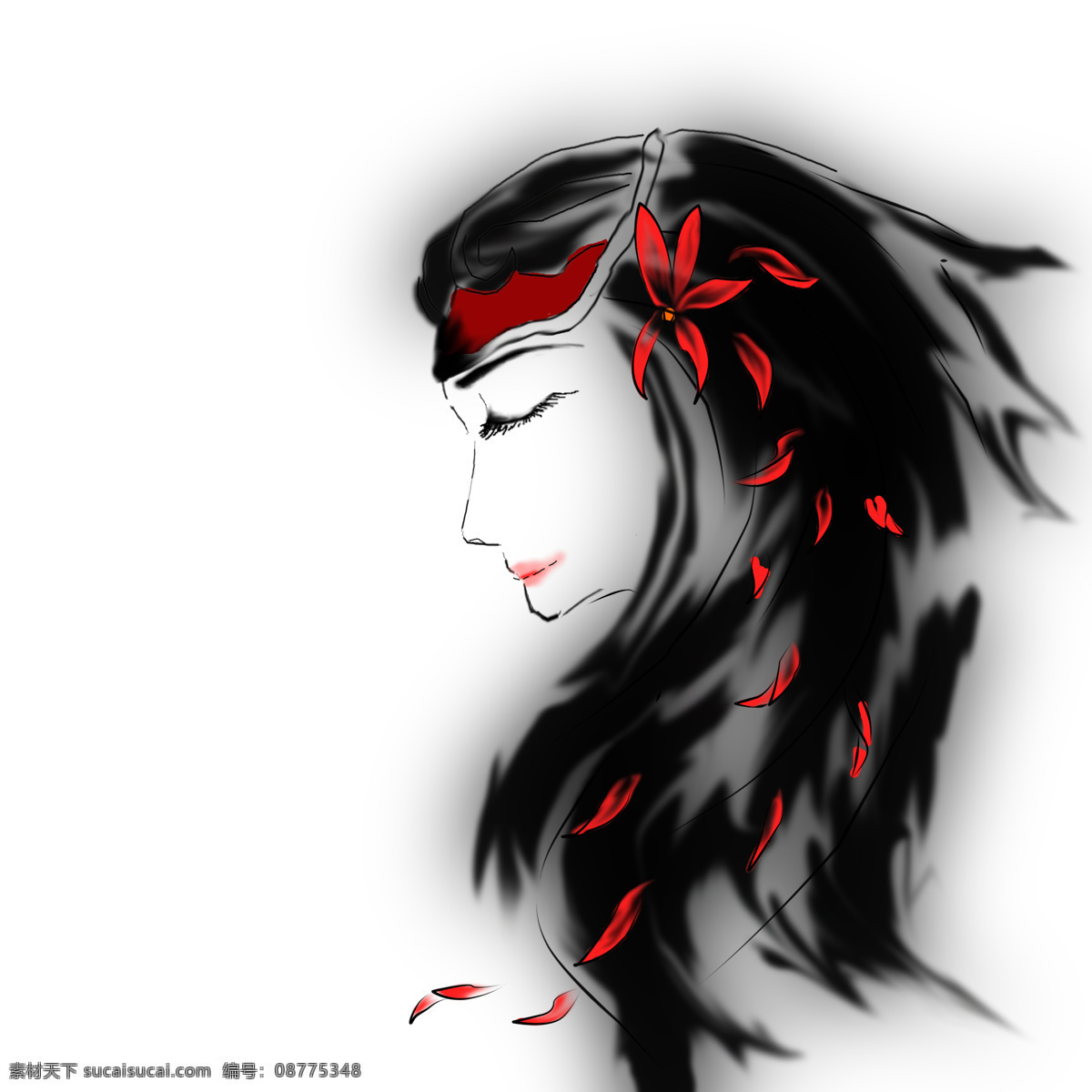 古典美女 古装 古典 美女 落红 红黑 水墨 花 头像 动漫人物 动漫动画