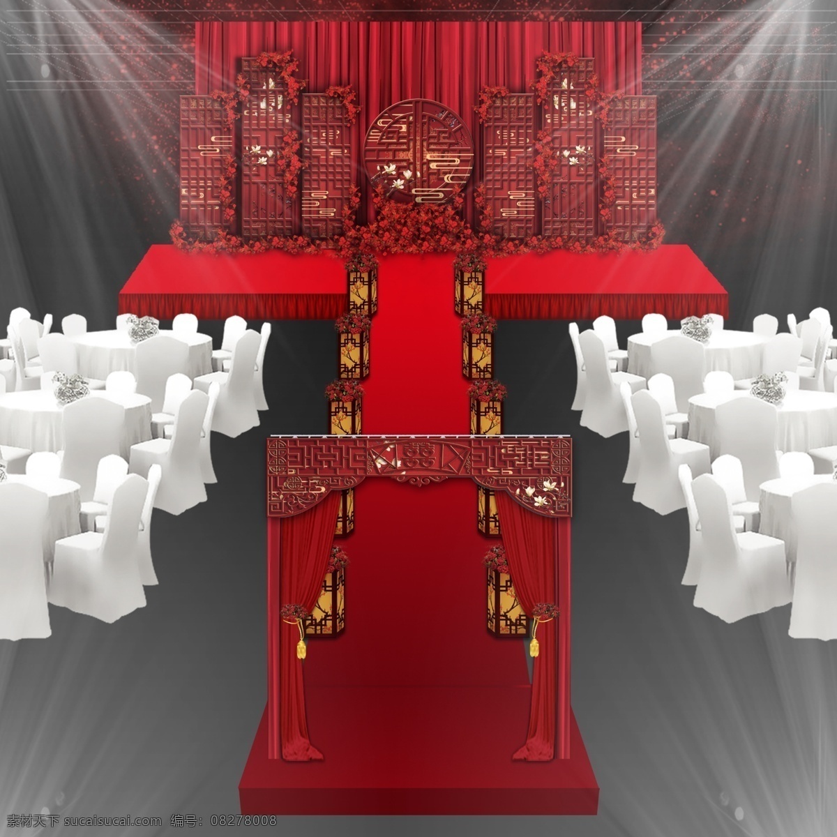 大红色 新 中式 婚礼 舞台 效果图 新中式 古典 舞台效果图