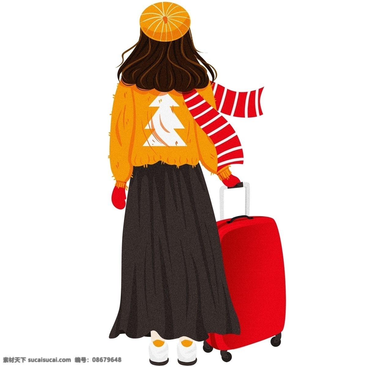 拖 行李 女孩 人物 背影 卡通 可爱 插画 手绘 女人 行李箱 少女
