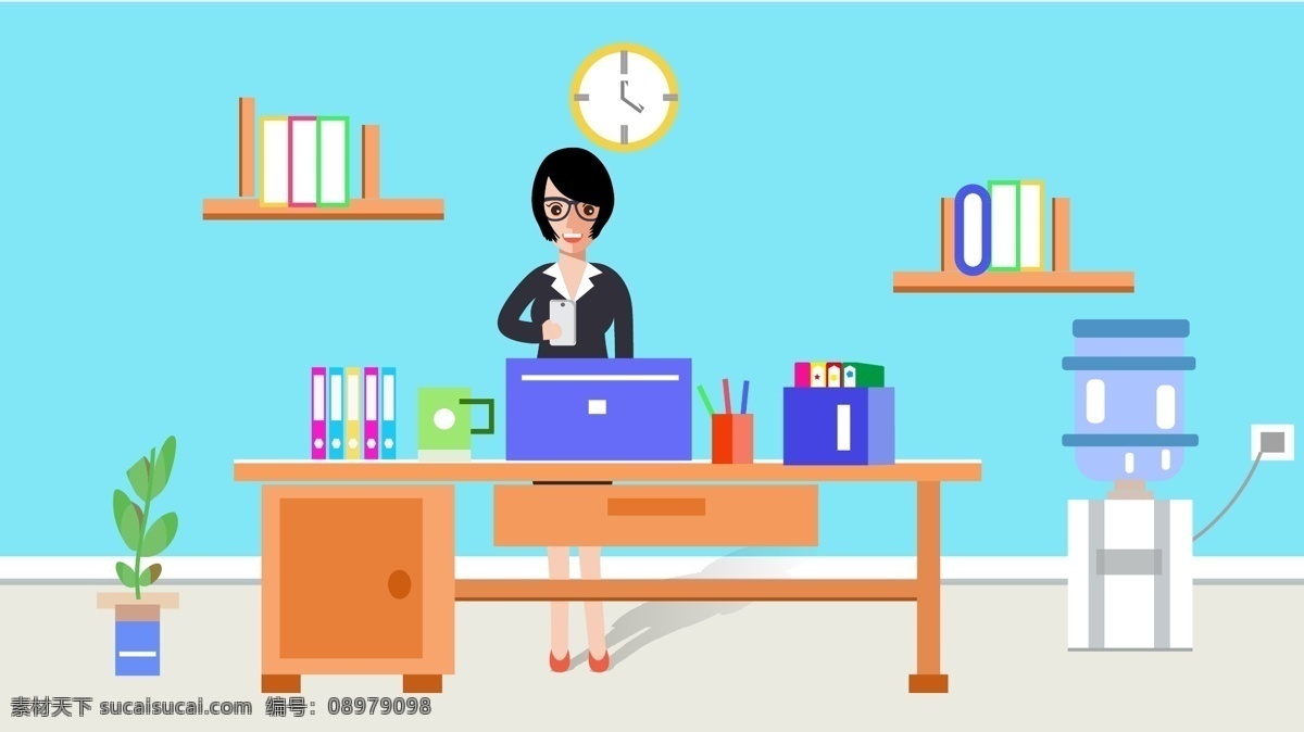 原创 商务办公 场景 矢量 扁平 风格 插画 盆栽 办公桌 人物 电脑 矢量插画 扁平风格 饮水机 文件夹 墙体柜 笔筒