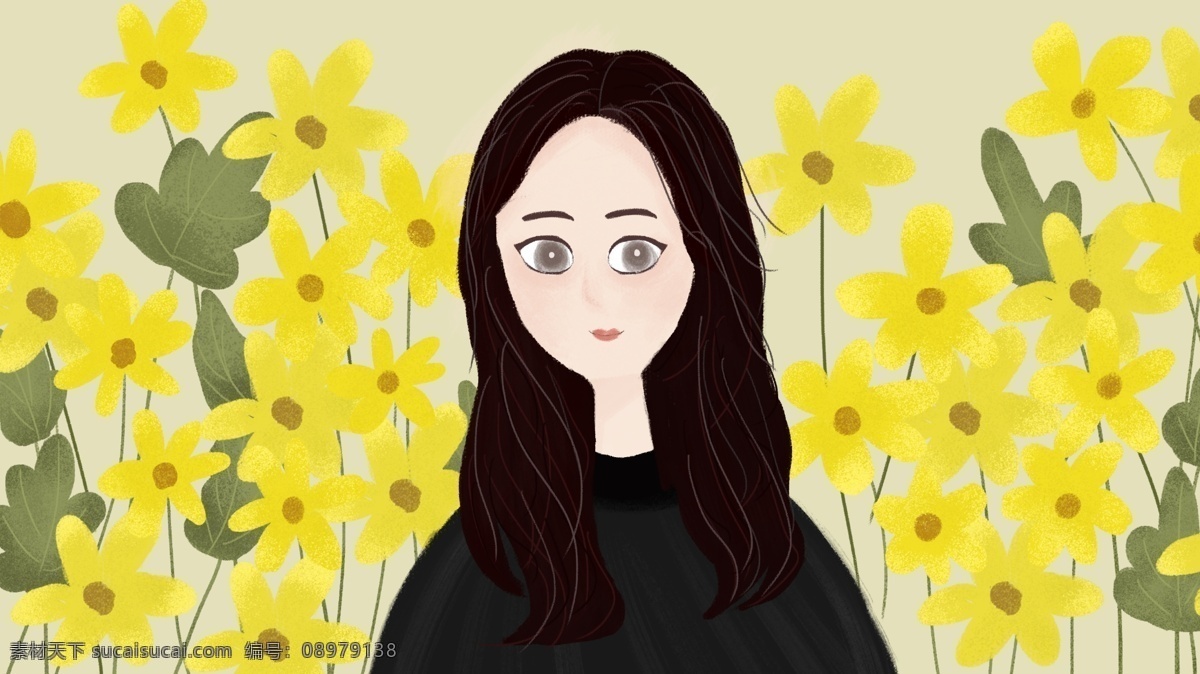 原创 手绘 小 清新 秋天 少女 系列 黄花 小清新 小黄花