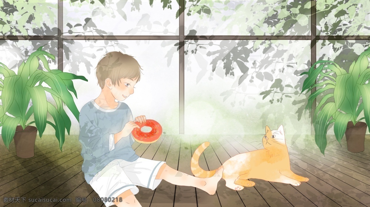 坐在 地板 上 甜甜 圈 逗 猫 小 男孩 落地窗 绿植 小男孩 小猫 猫咪 甜甜圈