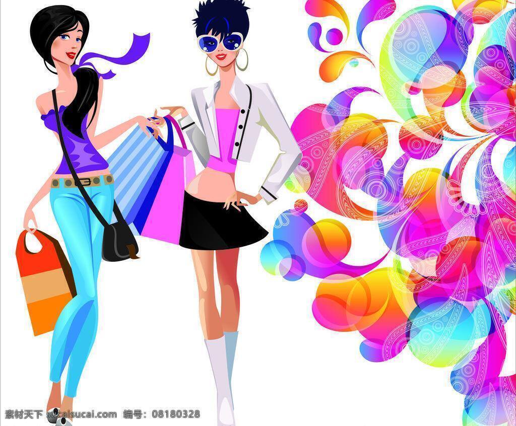 春季服装 都市 花纹 美女 日常生活 色彩 时尚 矢量人物 炫酷 矢量 模板下载 都市花纹 矢量图 花纹花边