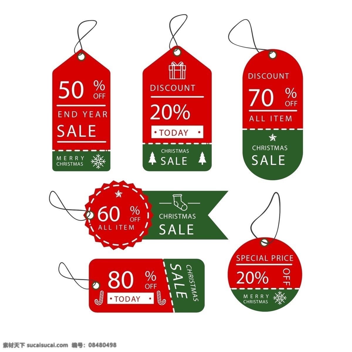 绿色 红色 圣诞节 标签 促销 矢量素材 英文 优惠