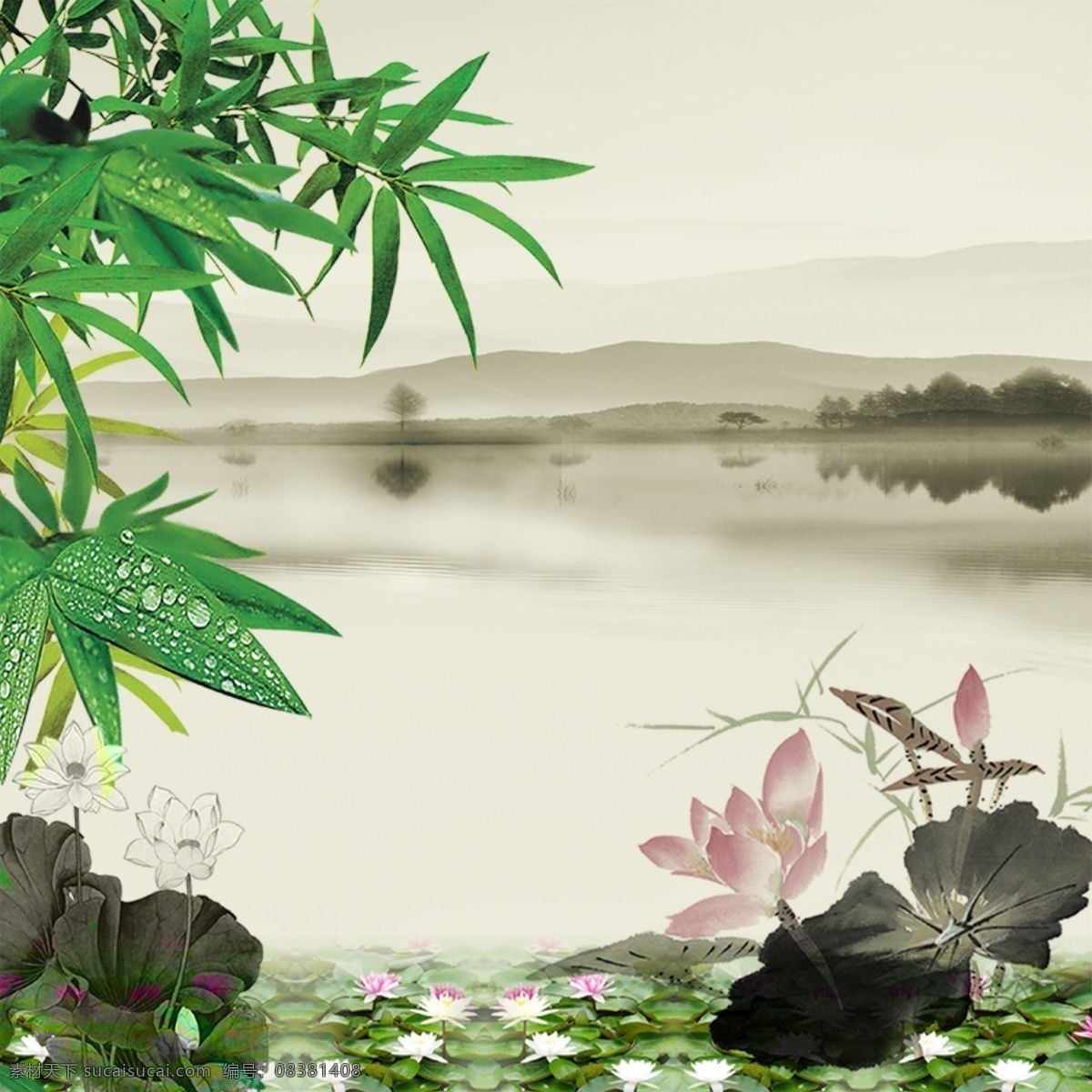 荷花池水墨画 荷花 荷花池 水墨 中国风 国画 夏日 初夏 盛夏 夏天 小荷 艺术文艺类 分层