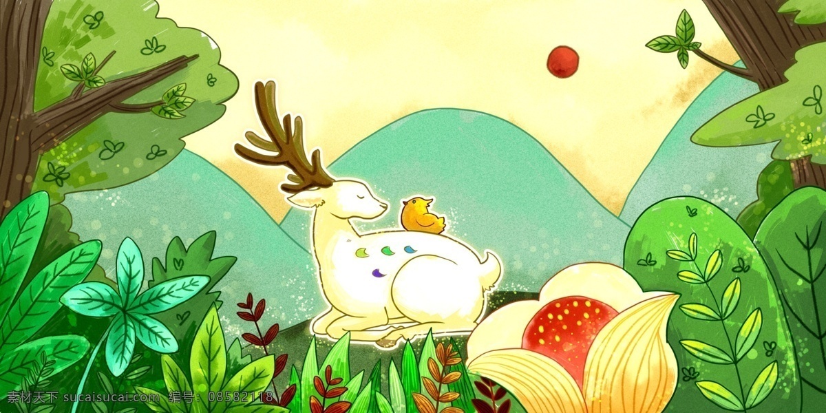 鹿 森林 白鹿 小鸟 小 清新 草 自然