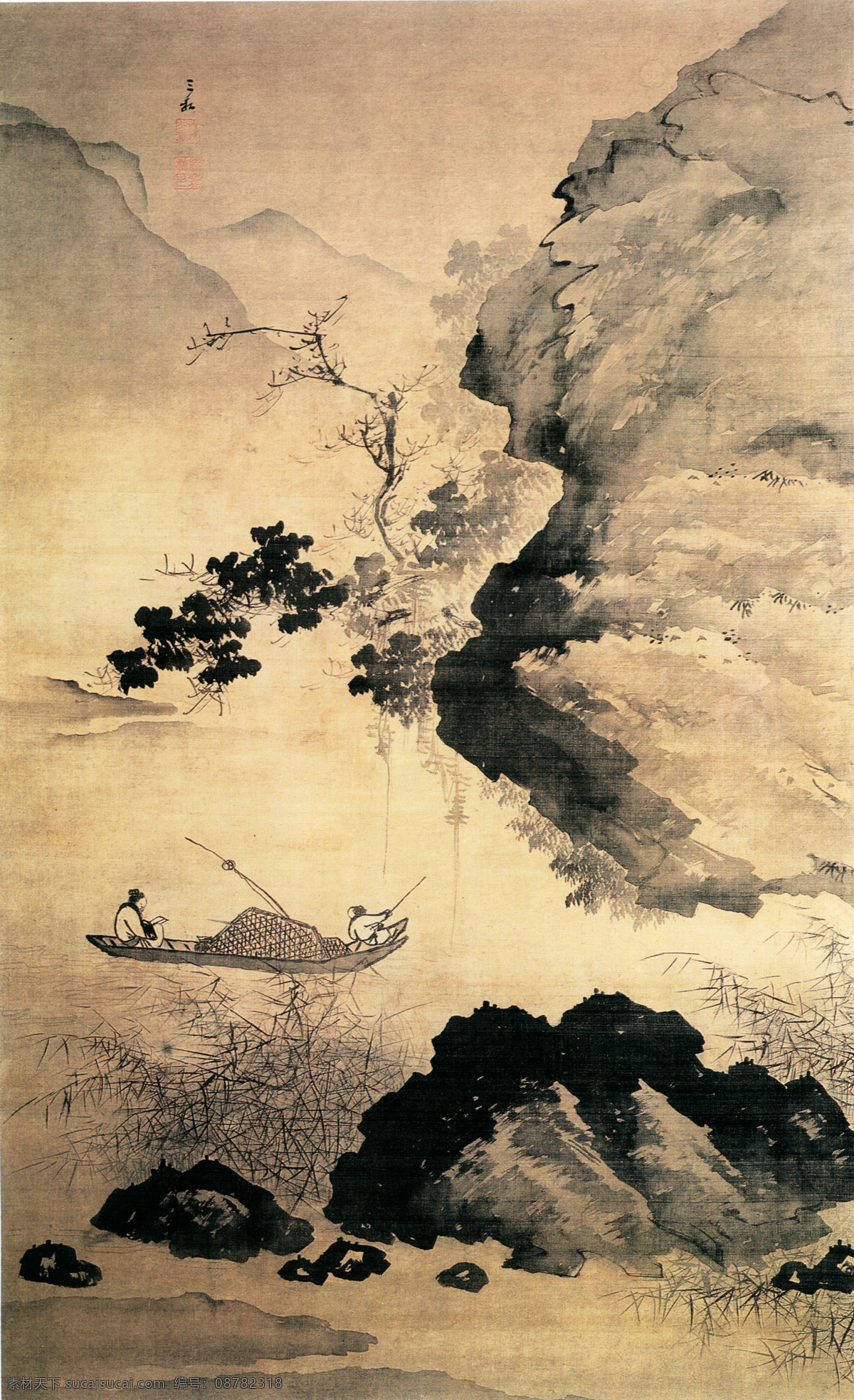 山水 名画 书画 渔舟 读书 图 古画 山水画 山水名画书画 书画真迹 中国水墨画 渔舟读书图 名家蒋嵩 文化艺术