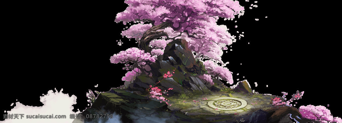 手绘 紫色 大树 元素 中国风 水墨画 山峰 紫色花朵 免抠