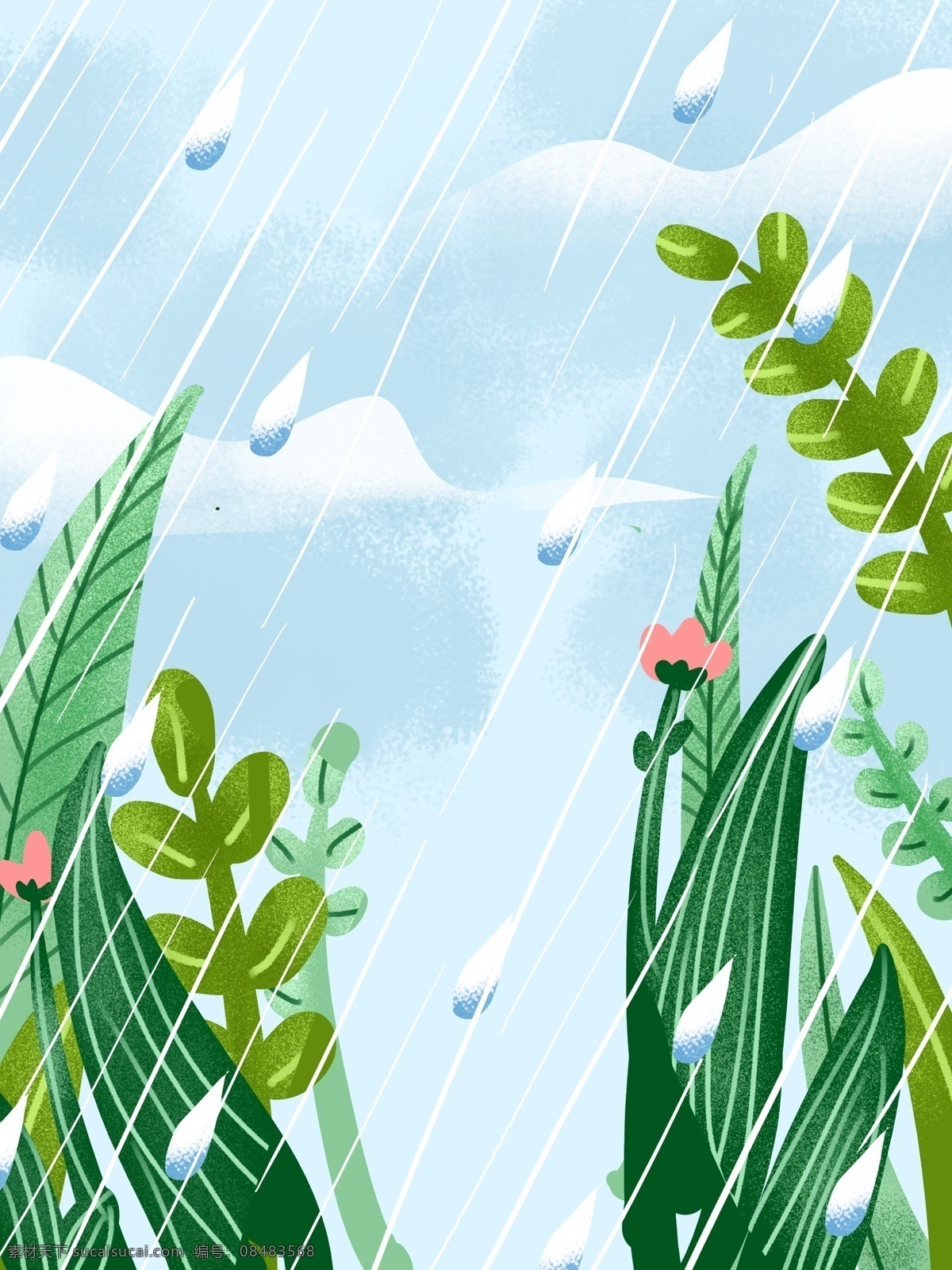 手绘 夏天 下雨 草丛 背景 花丛 立夏 谷雨节气 彩绘背景 手绘背景 通用背景 特邀背景 促销背景 背景展板图