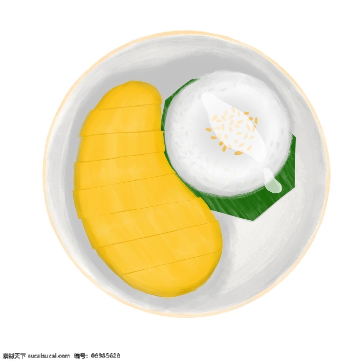 东南亚 美食 名 小吃 芒果 椰 汁 糯米饭 芒果饭 椰汁饭 芒果糯米饭 水果饭 甜点饭 切开的芒果 盘子装的芒果