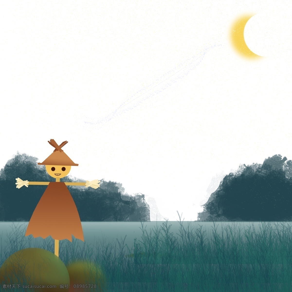 夏季 夜晚 儿童 插画 稻草人 卡通手绘 夏季主题 夏天 可爱 免扣 夏 夜空