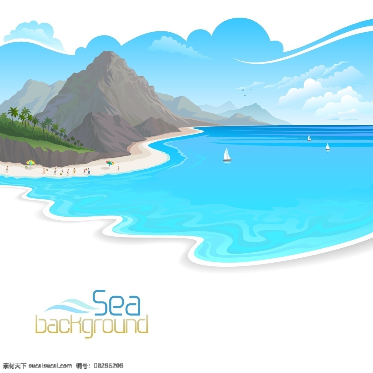 蓝色 美丽 大海 插画 风景 山峰 蓝天 白云 沙滩