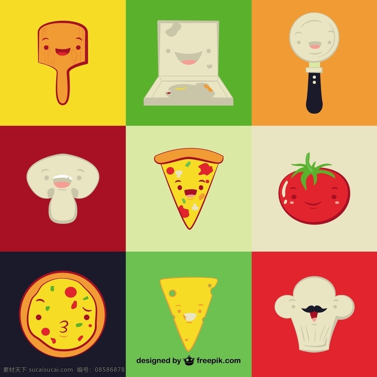 有趣 意大利 餐厅 元素 食品 比萨饼 厨师 卡通 人物 帽子 奶酪 卡通人物 番茄 蘑菇 厨师帽 意大利食品 配料 红色