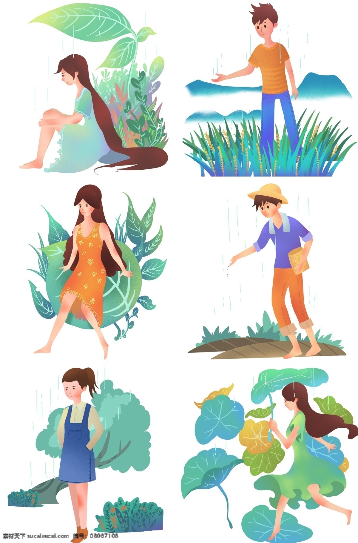 谷雨 人物 合集 插画 谷雨人物合集 绿色叶子 植物装饰 绿色小草 播种 绿叶 荷叶大自然 卡通插画