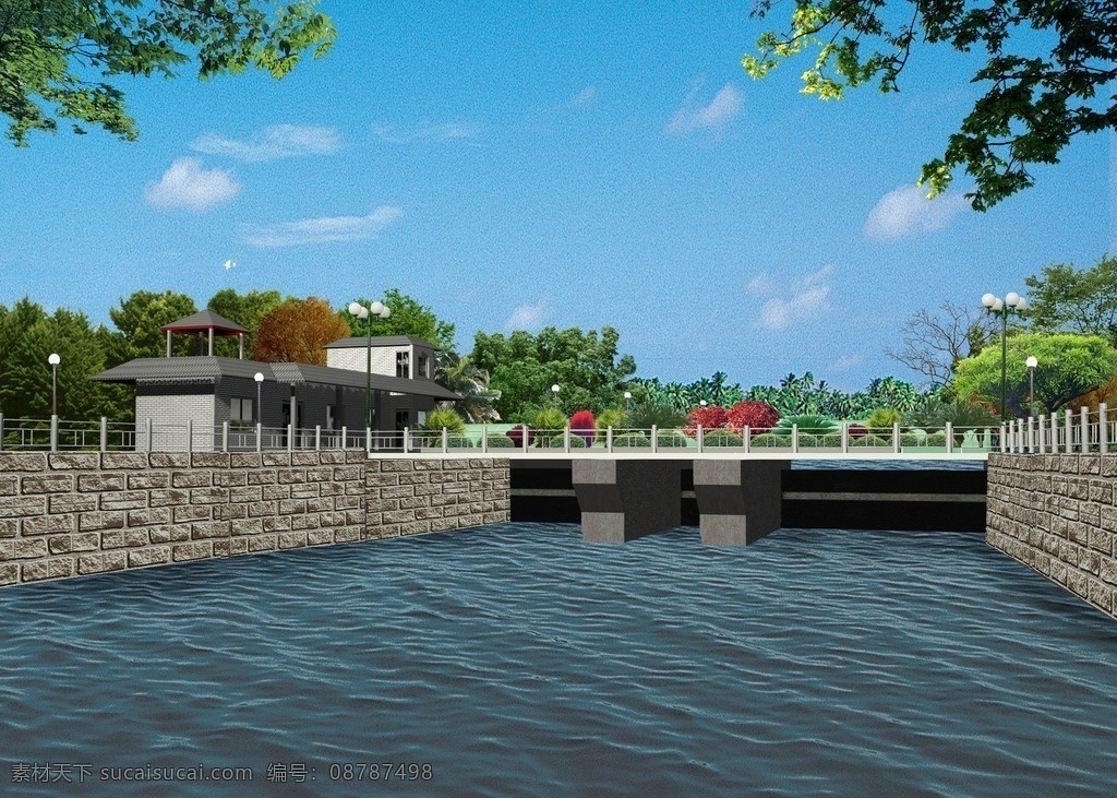 河坝环境设计 河坝 河流 路灯 马路 鲜花 草地 树木 房屋 建筑物 蓝天 白云 环境设计 景观设计