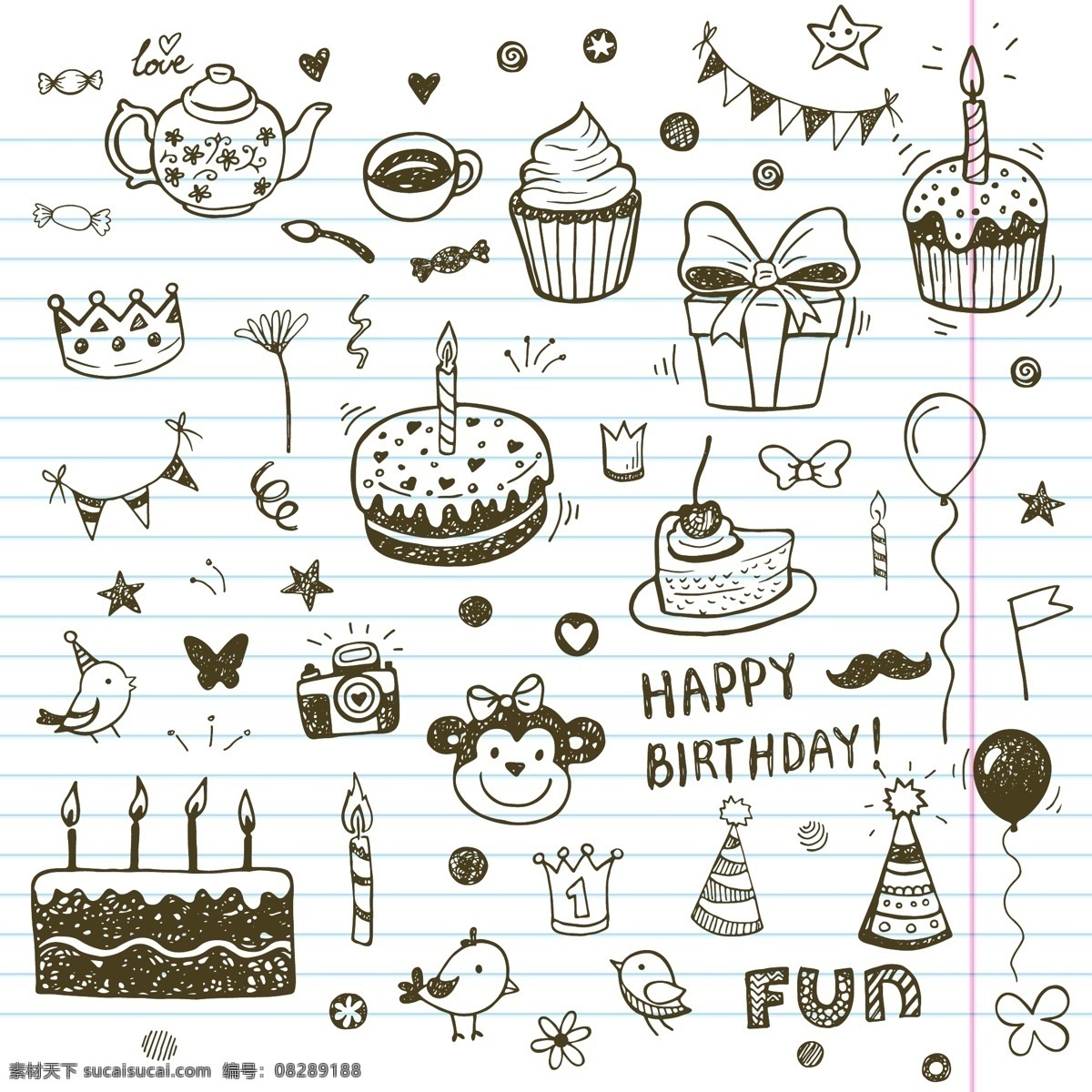 生日 派对 手绘 元素 气球 蛋糕 图标