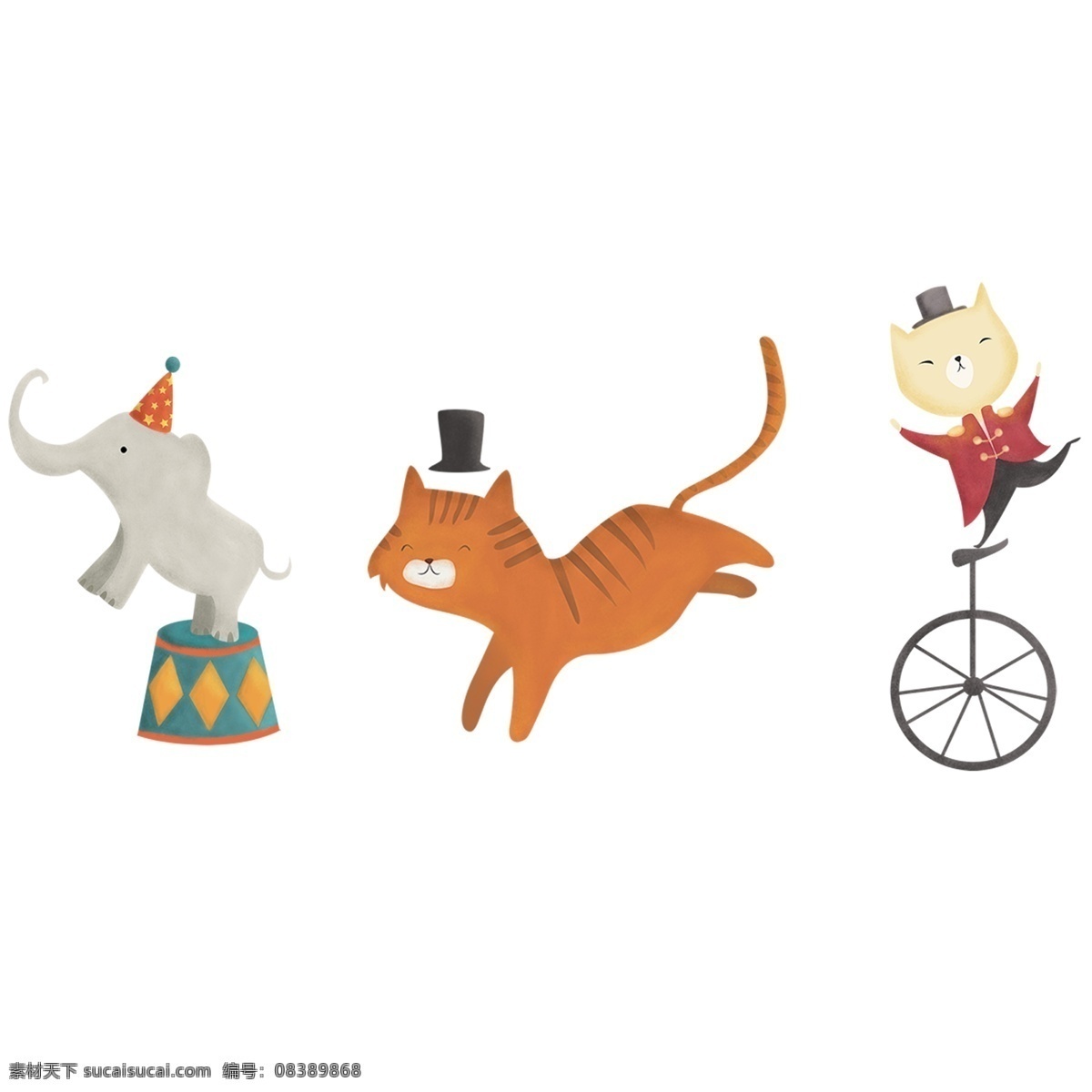可爱 动物 马戏团 表演 装饰 元素 猫咪 大象 自行车 装饰元素 手绘 马戏