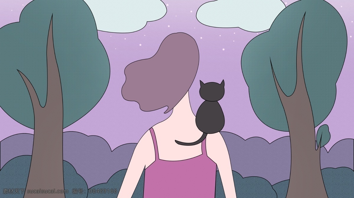 午夜 城 插画 猫 女孩 紫色 天空 清新 壁纸 午夜之城 树 傍晚 治愈