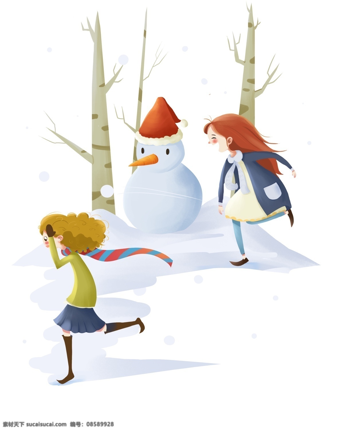 手绘 冬天 下雪 玩耍 儿童 插画 手绘下雪天 冬天下雪 雪地玩耍 可爱儿童 堆雪人 雪地奔跑 冬日情趣 卡通 冬季 人物