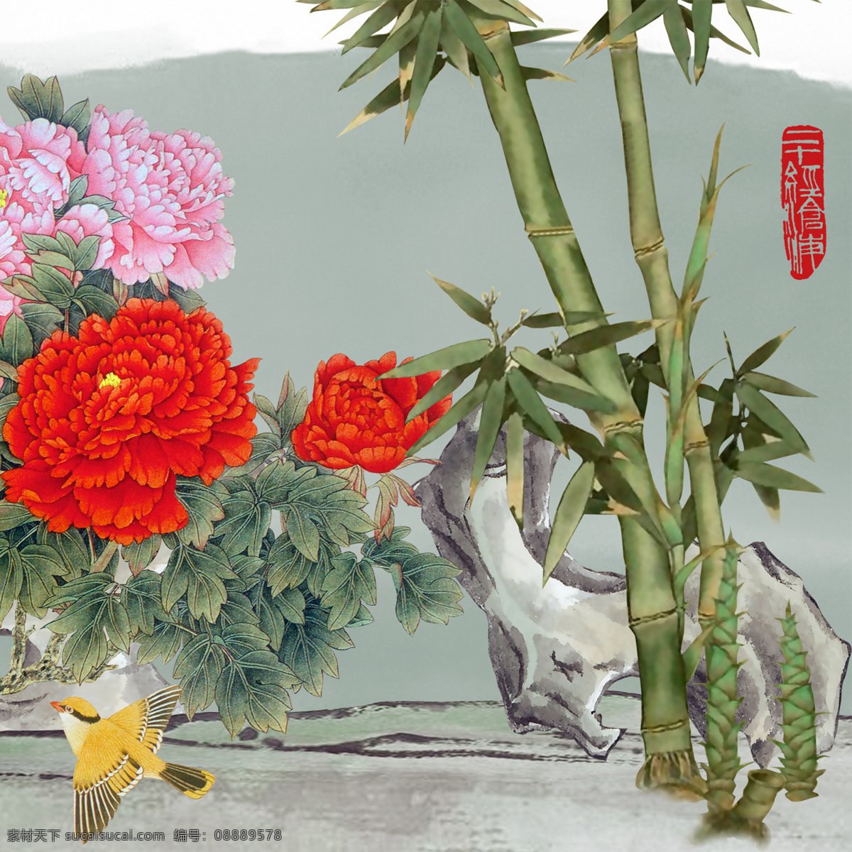 竹子 牡丹 装饰画 背景素材 壁画 插画 抽象 抽象花 抽象画 无 框 画素 材 画 模板下载 无框画