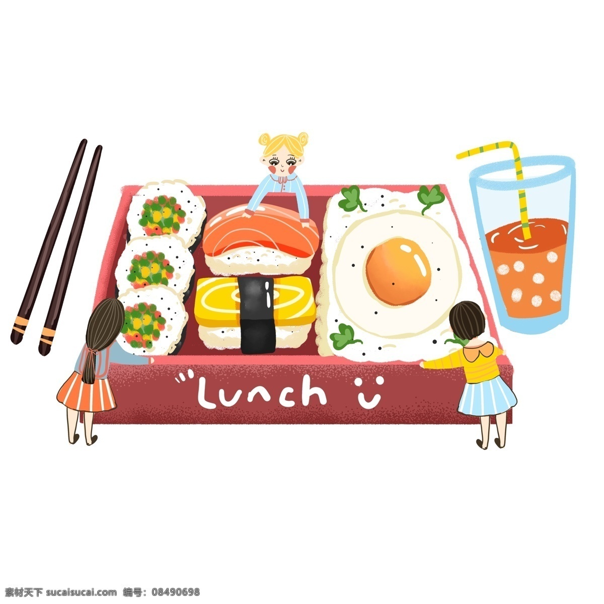 彩绘 美食 午餐 寿司 元素 卡通 果汁 女孩 手绘 日本食物 橙子 筷子 美食大作战
