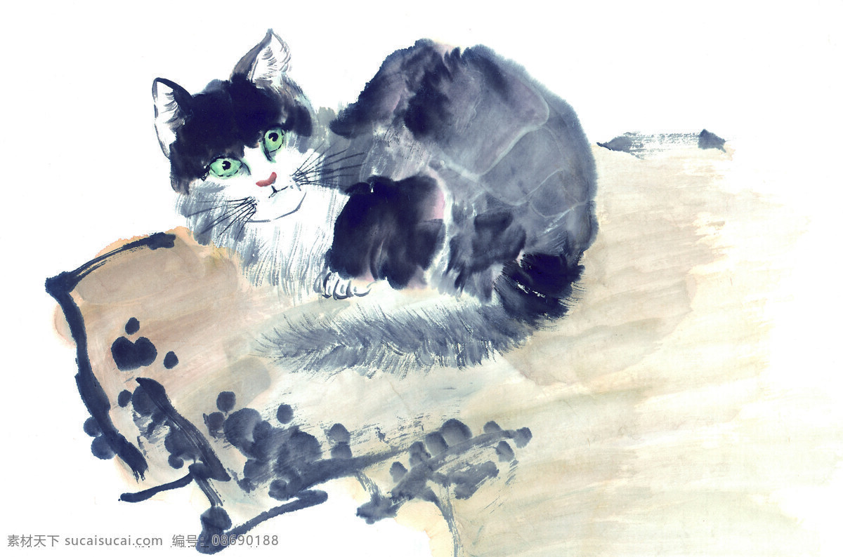 中国国画篇 猫 国画 丹青 水墨 黑猫 假山 中国国画篇猫 文化艺术 绘画书法
