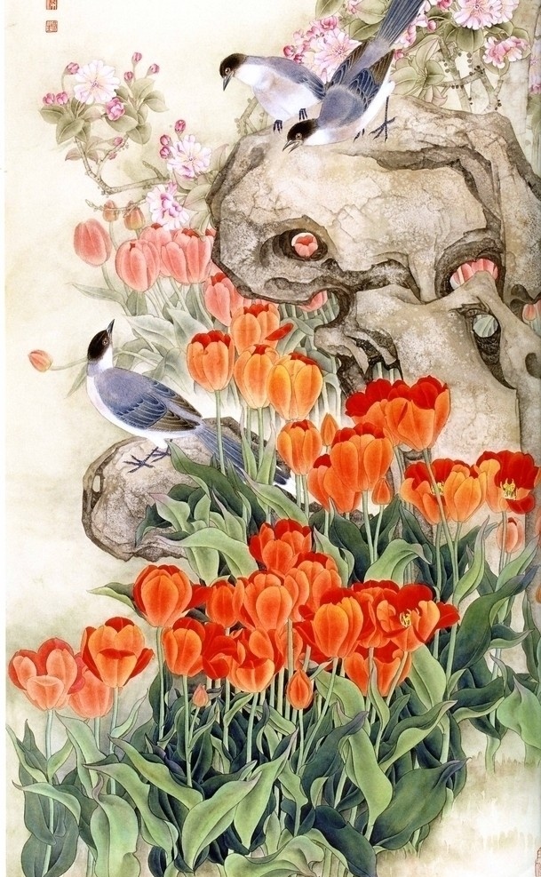 百合花 国画 花鸟 鸟 花草 石头 绘画书法 文化艺术