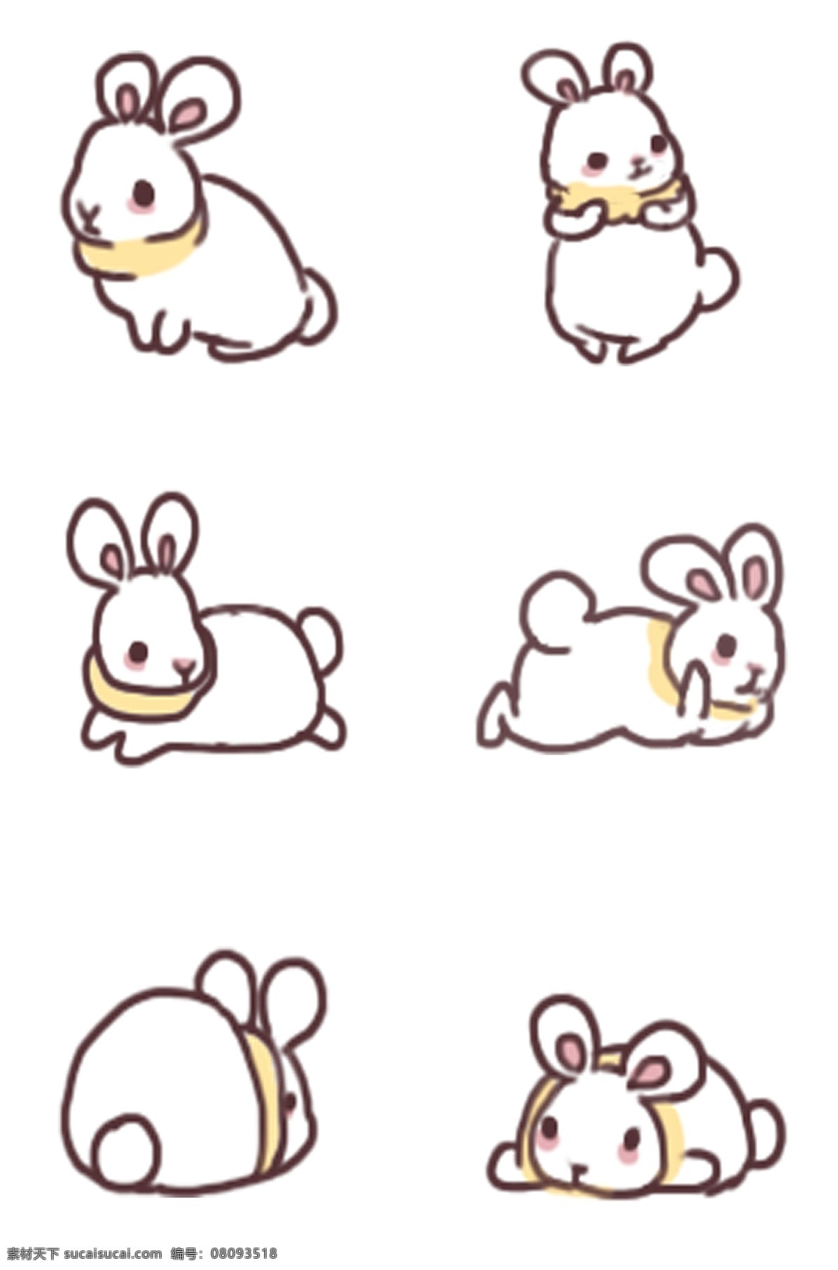 毛绒 小胖 卡通 兔子 思考的小兔子 可爱 手绘 动作 系列 丰富 表情 彩色 小 动物 简笔涂鸦