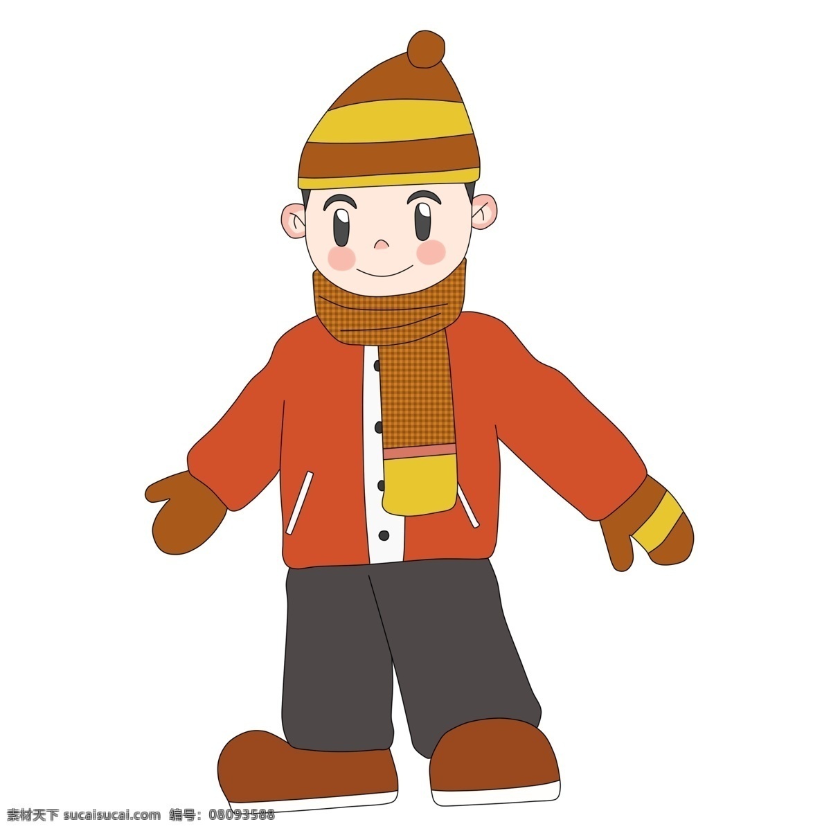 卡通 冬季 小 物 手绘 插画 可爱的小男孩 围巾 红色的棉衣 手套 长裤 靴子 穿棉袄的男人 寒冷 温暖