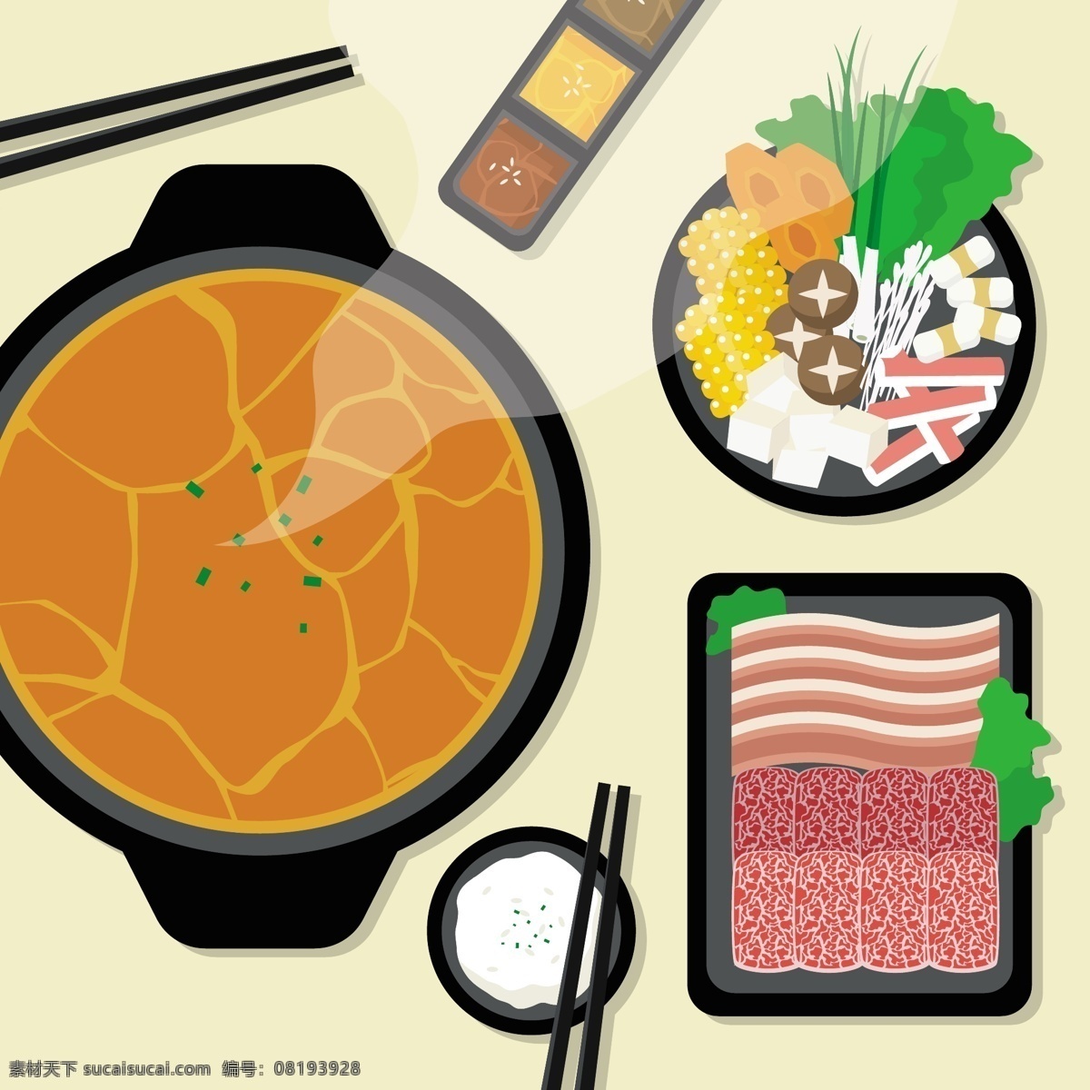 扁平化 火锅 食物 插画 扁平化食物 火锅食物 美食 蘑菇 肉 矢量素材 手绘 手绘食物 蔬菜