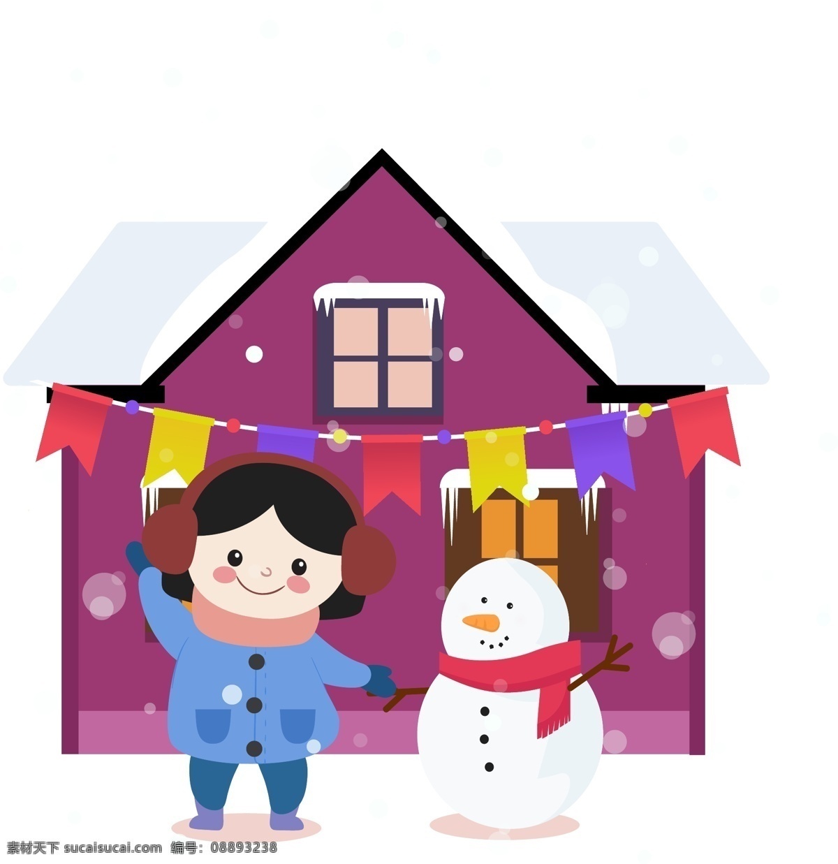 简约 风格 女孩 雪人 冬季 元素 生活 人物 节日 房屋 日常 休闲 下雪 气氛
