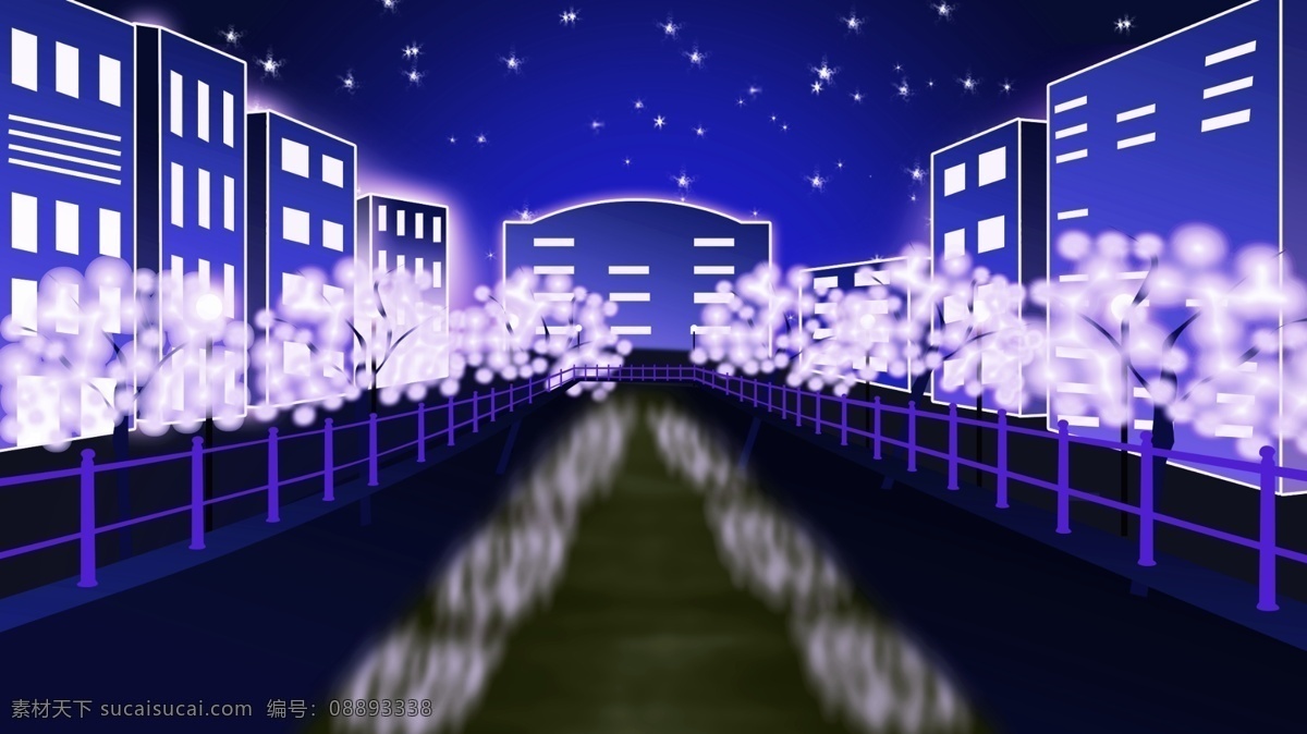 原创 手绘 霓虹 天际 插画 趋势 夜晚 城市 灯光 星星 天空 楼房 树