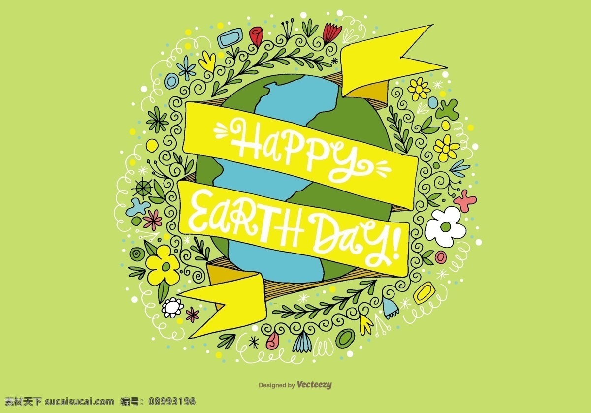 手绘 扁平 地球日 海报 地球日海报 公益海报 矢量素材 地球 手绘插画 手绘花朵 花卉华东 丝带