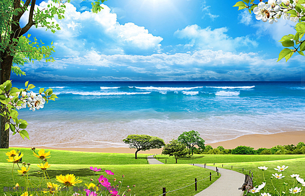 大海 蓝天 白云 绿色 背景 图 大海蓝天图片 绿色背景图 蓝天花朵图片 海边风景图片 草地大海图片 自然景观 自然风光 白色