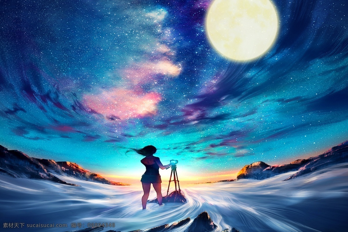 梦幻 手绘 夜晚 星空 背景 紫色 草地 星星 月亮 树木 星空背景 深夜 明月 月色