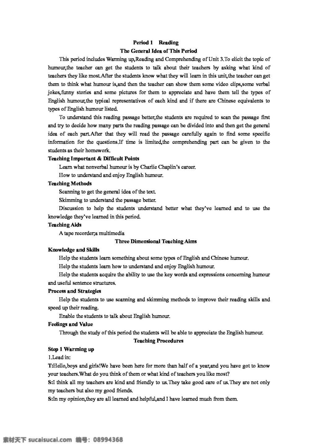 　 reading 英语 人教 版 高中英语 优秀教案 unit3 a taste of english humour period 教案 人教版