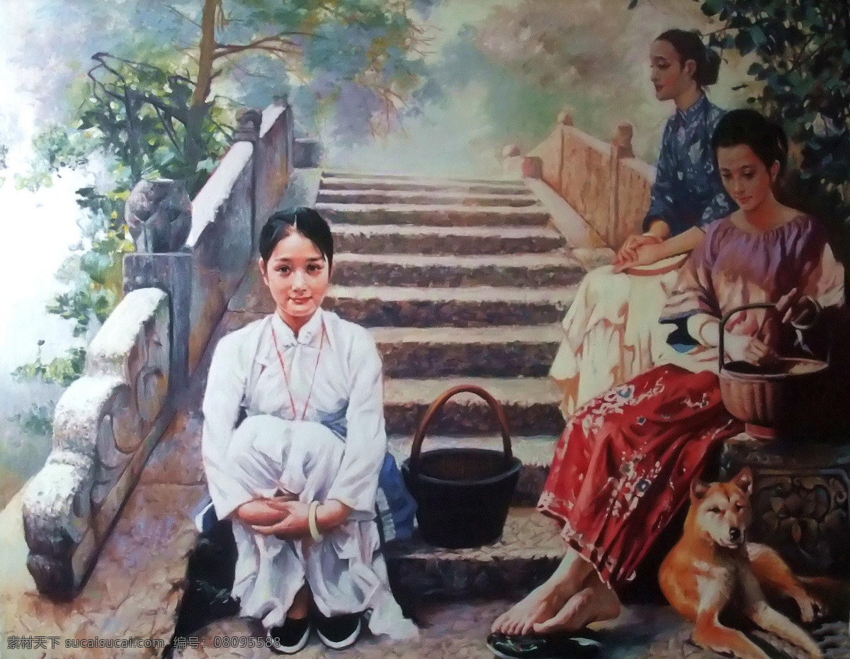 动物 服装 妇女 拱桥 绘画书法 篮子 连衣裙 美女 人物油画 油画人物 肖像 肖像油画 油画肖像 画像 油画 油画作品 中国油画 大师作品 当代 艺术家 作品 西方油画 衣服 妇人 女人 裙子 小狗 树木 植物 沟桥 鞋子 文化艺术 家居装饰素材