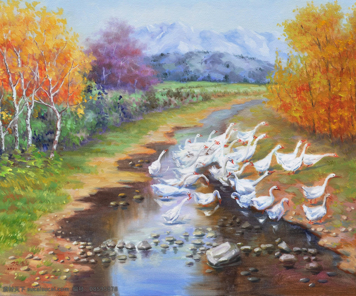 油画 小溪 树木 名画 艺术 绘画 文化艺术 艺术品 世界名画 书画文字