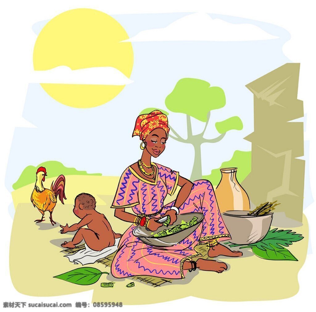 非洲母亲漫画 人物 美女 卡通人物 矢量素材 矢量 矢量人物 人物插画 非洲人 母亲 黑人 漫画 儿童 公鸡