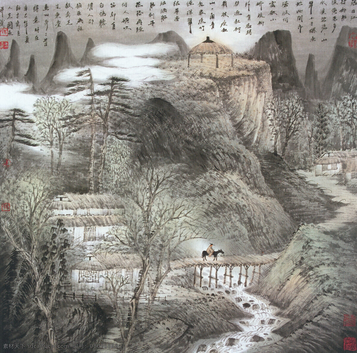 溪桥 访友 图 风 国画 湖泊 建筑 楼房 瀑布 山水 山水画 山水装饰画 树木 装饰画 水墨山峰 家居装饰素材 山水风景画