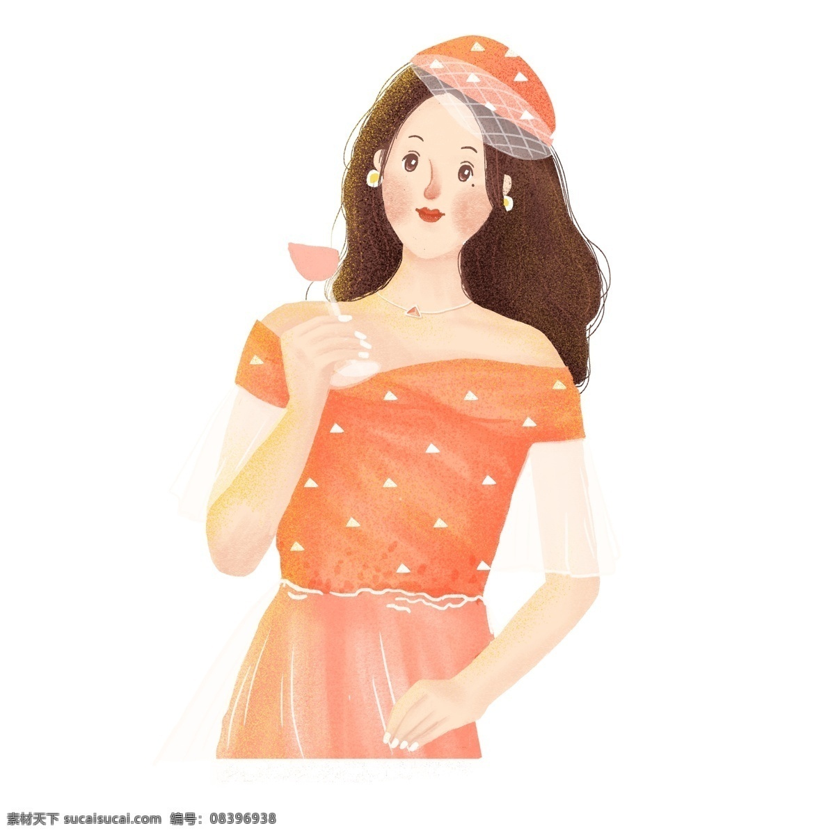 清新 手绘 度假 喝酒 女孩 卡通 女性 人物 酒杯