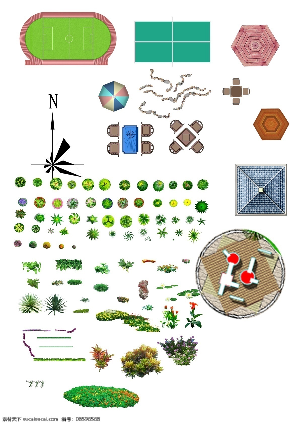 规划平面素材 小区规划 平面素材 植物平面图 体育场提素材 亭子平面图 风向标 建筑 规划 平面图 分层 源文件